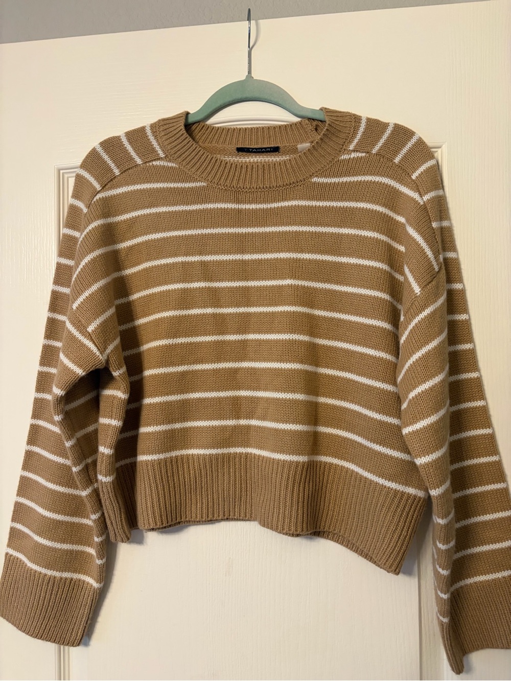 T Tahari Cropped Striped Crewneck Sweater - Camel & White